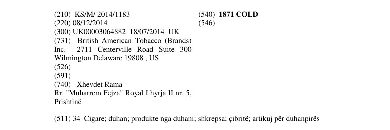 Zëri i markës 1871 COLD në buletin