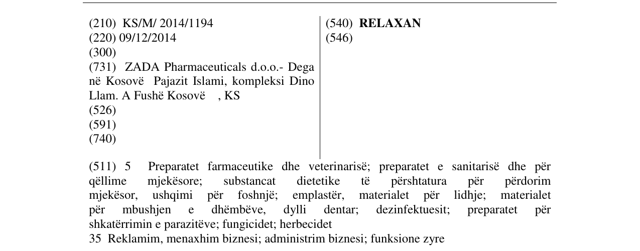 Zëri i markës RELAXAN në buletin
