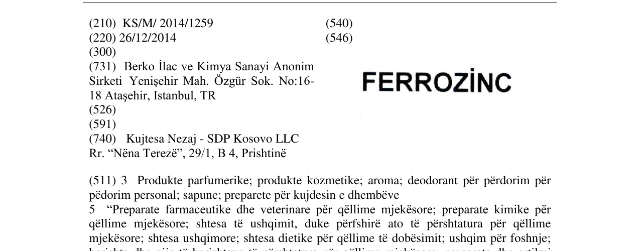 Zëri i markës FERROZINC në buletin