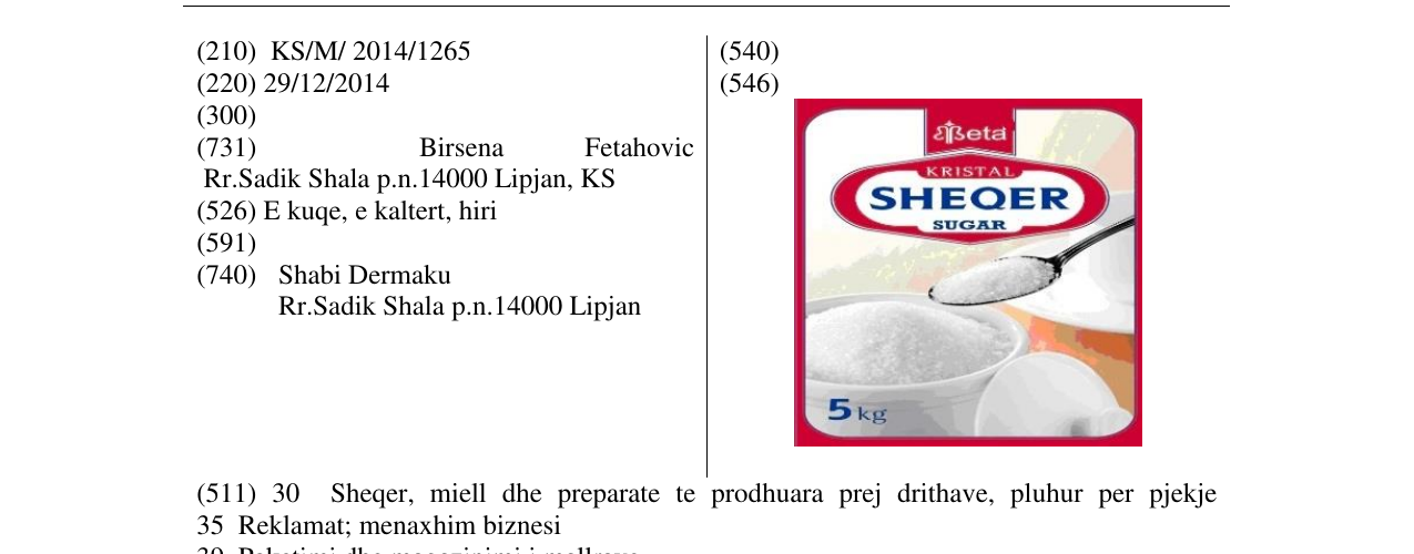 Zëri i markës Beta KRISTAL SHEQER SUGAR në buletin