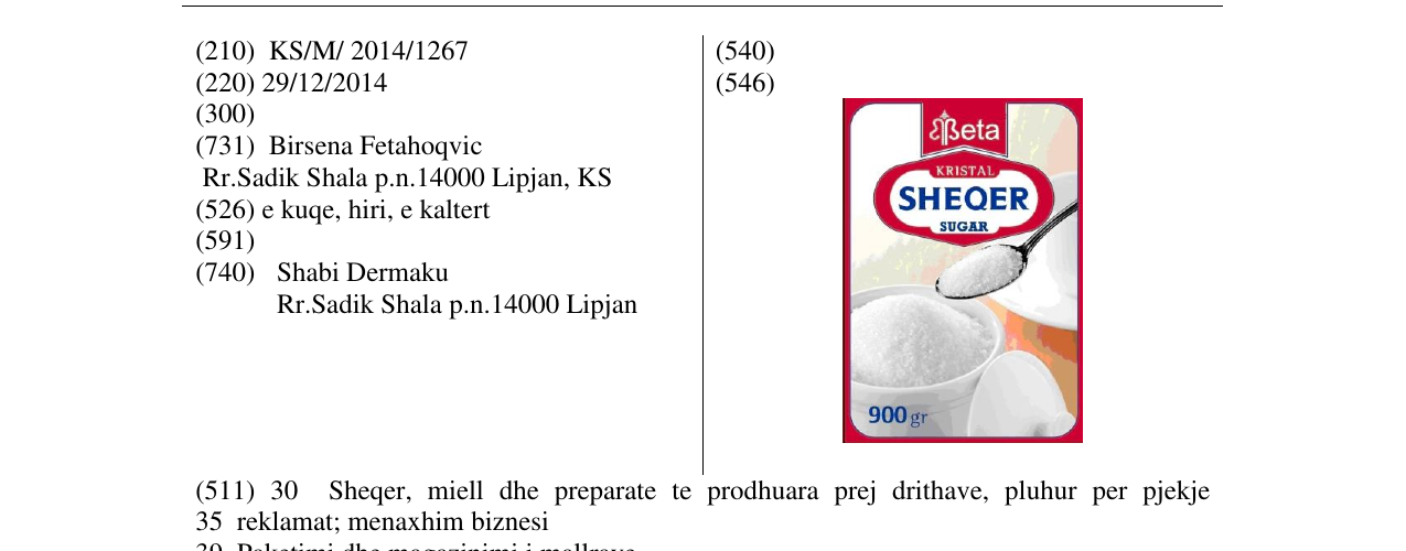 Zëri i markës Beta KRISTAL SHEQER në buletin