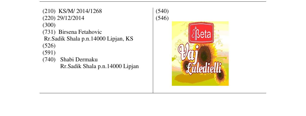 Zëri i markës Beta Vaj Luledielli në buletin
