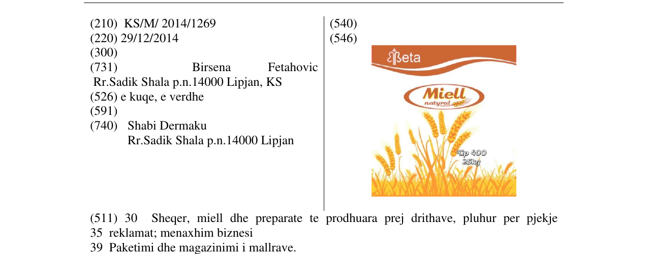 Zëri i markës Miell Beta natyral në buletin