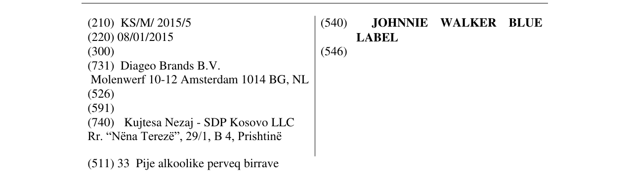 Zëri i markës JOHNNIE WALKER BLUE LABEL në buletin
