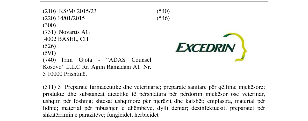 Zëri i markës EXCEDRIN në buletin