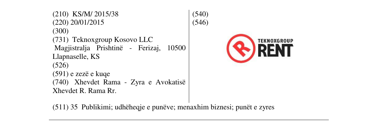 Zëri i markës R TEKNOXGROUP RENT në buletin