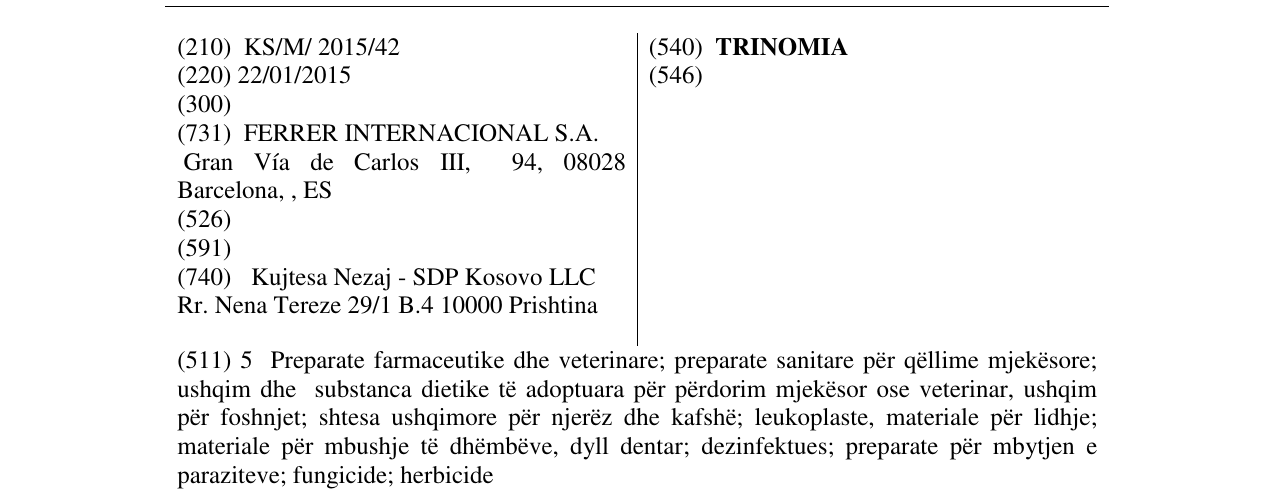 Zëri i markës TRINOMIA në buletin
