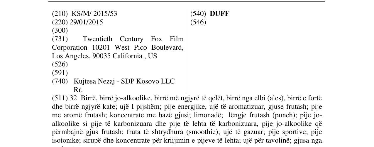 Zëri i markës DUFF në buletin