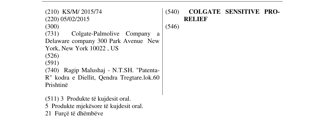 Zëri i markës COLGATE SENSITIVE PRO - RELIEF në buletin