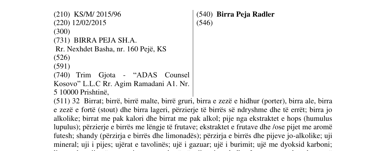 Zëri i markës Birra Peja Radler në buletin