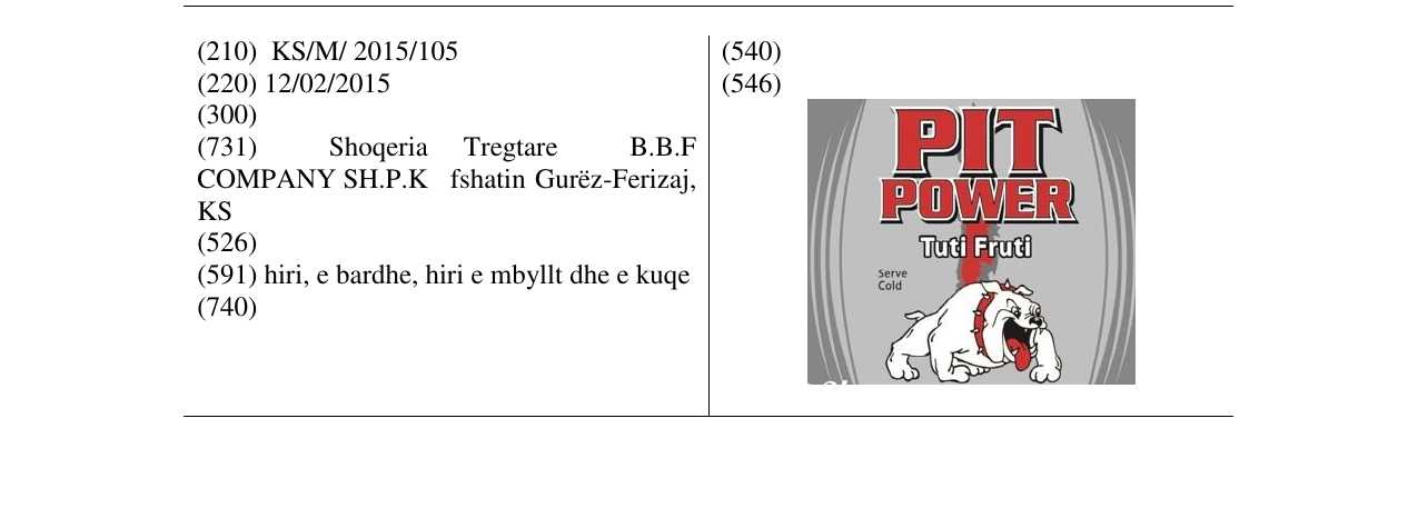 Zëri i markës PIT POWER Tuti Fruti në buletin