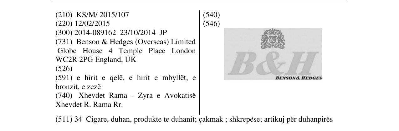 Zëri i markës B&H BENSON & HEDGES në buletin