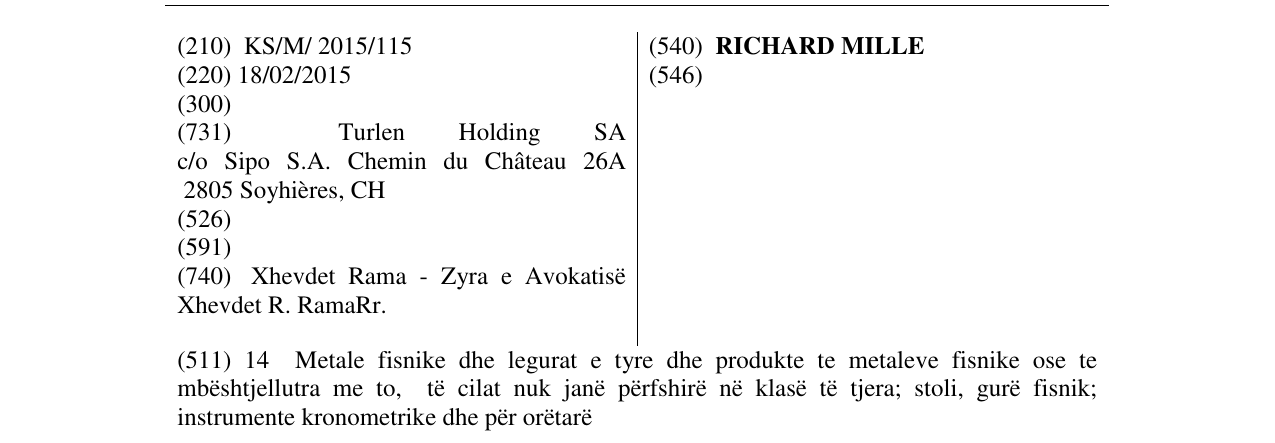 Zëri i markës RICHARD MILLE në buletin