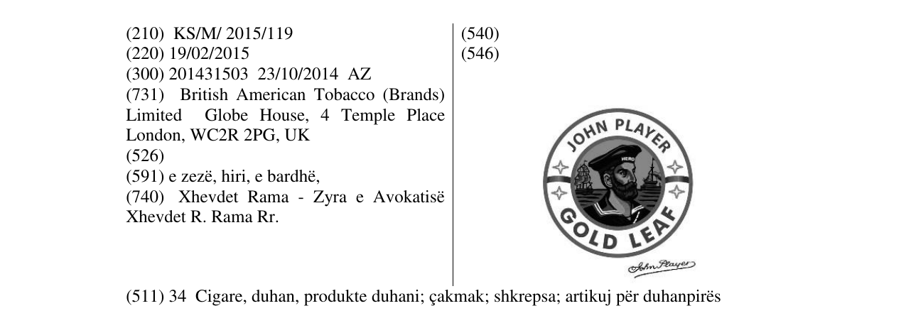 Zëri i markës JOHN PLAYER GOLD LEAF në buletin