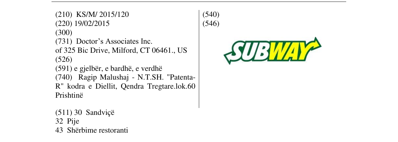 Zëri i markës SUBWAY në buletin
