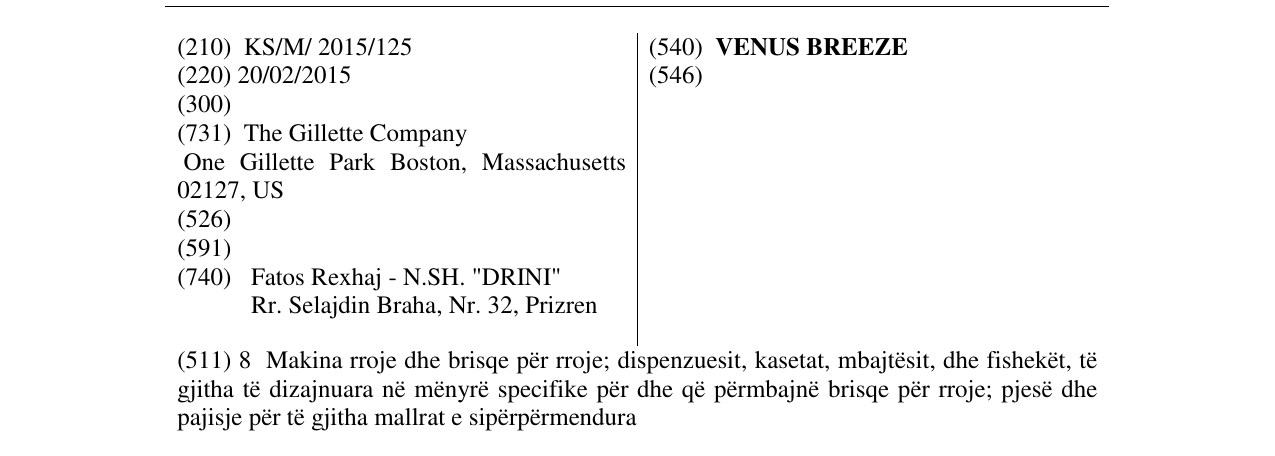 Zëri i markës VENUS BREEZE në buletin