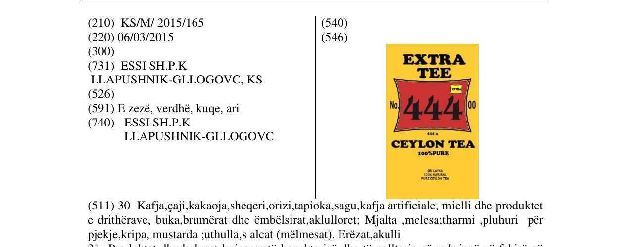 Zëri i markës EXTRA TEE 444 CEYLON TEA në buletin