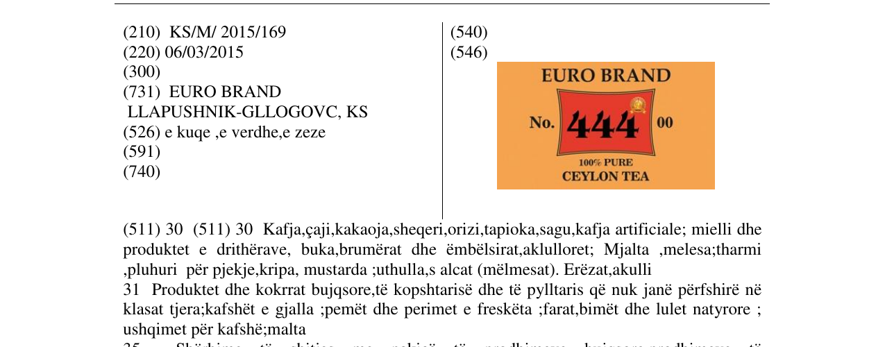 Zëri i markës EURO BRAND 444 CEYLON TEA në buletin