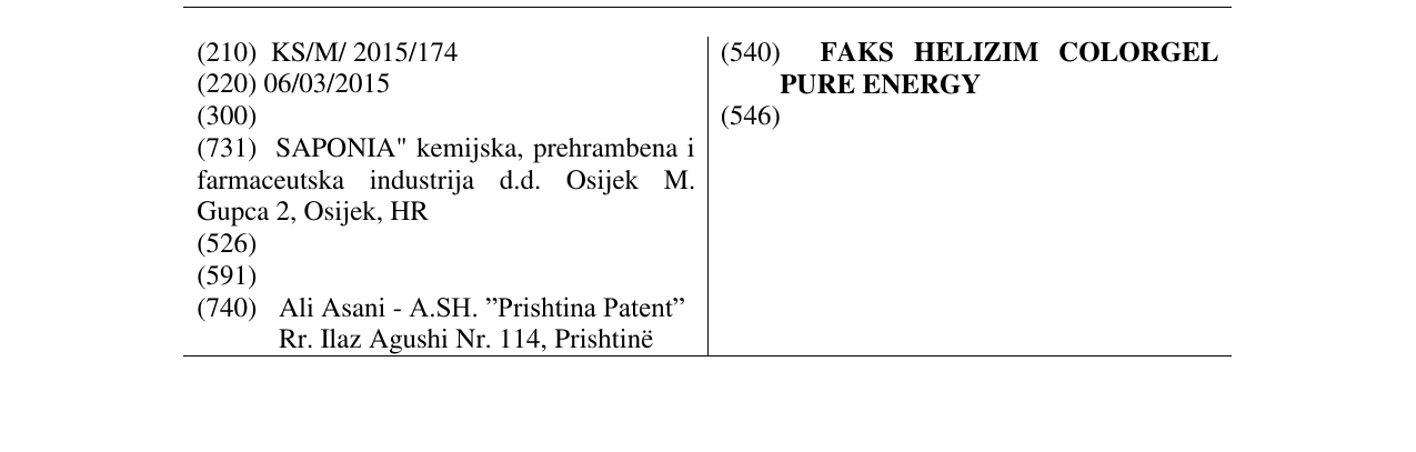 Zëri i markës FAKS HELIZIM COLORGEL PURE ENERGY në buletin