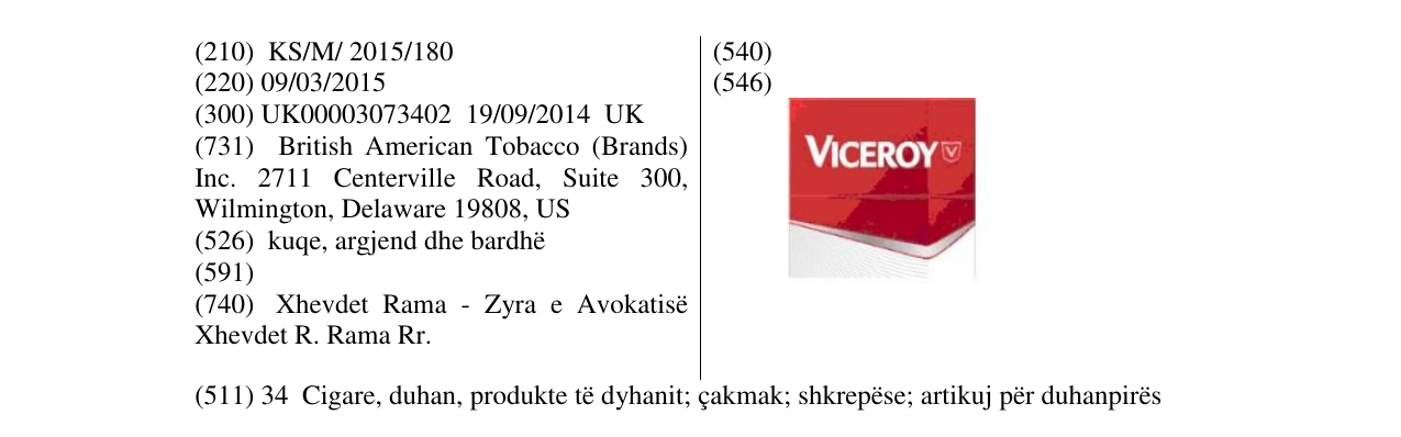 Zëri i markës Viceroy në buletin
