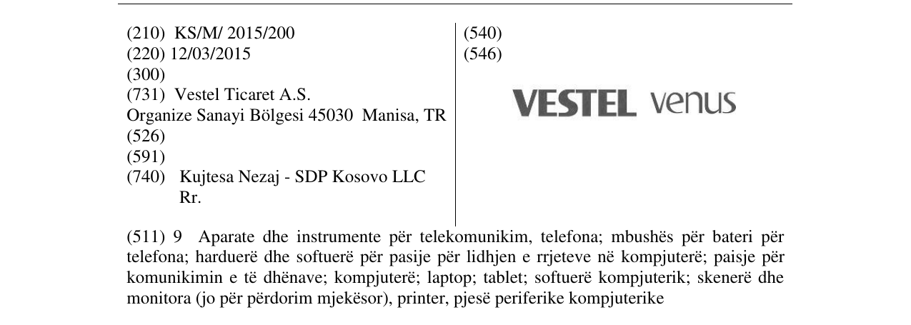 Zëri i markës VESETEL vENUS në buletin