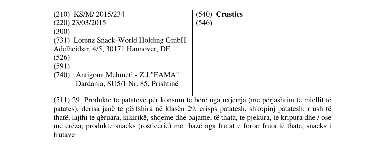 Zëri i markës Crustics në buletin
