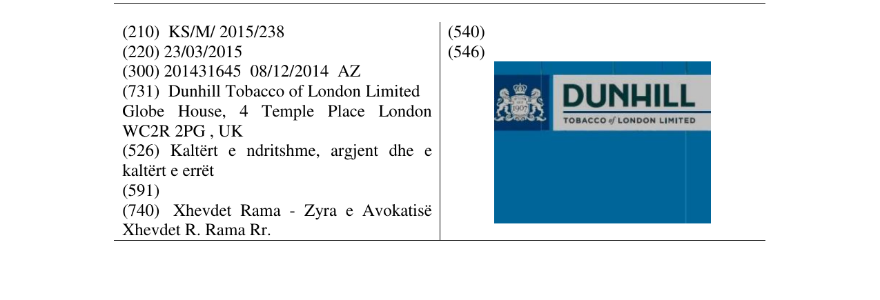 Zëri i markës DUNHILL në buletin