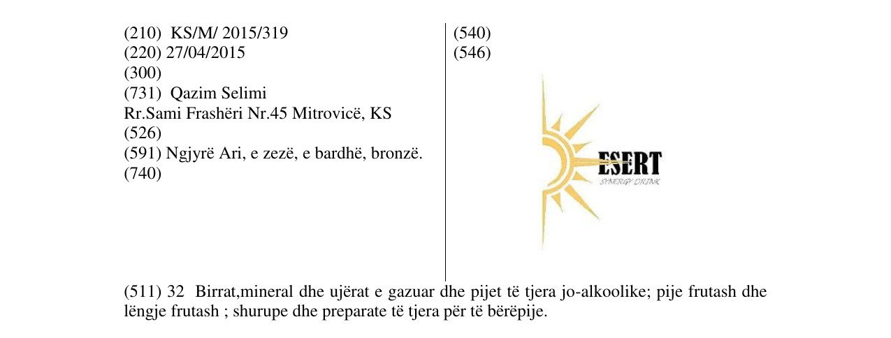 Zëri i markës ESERT SYNERGY DRINK në buletin