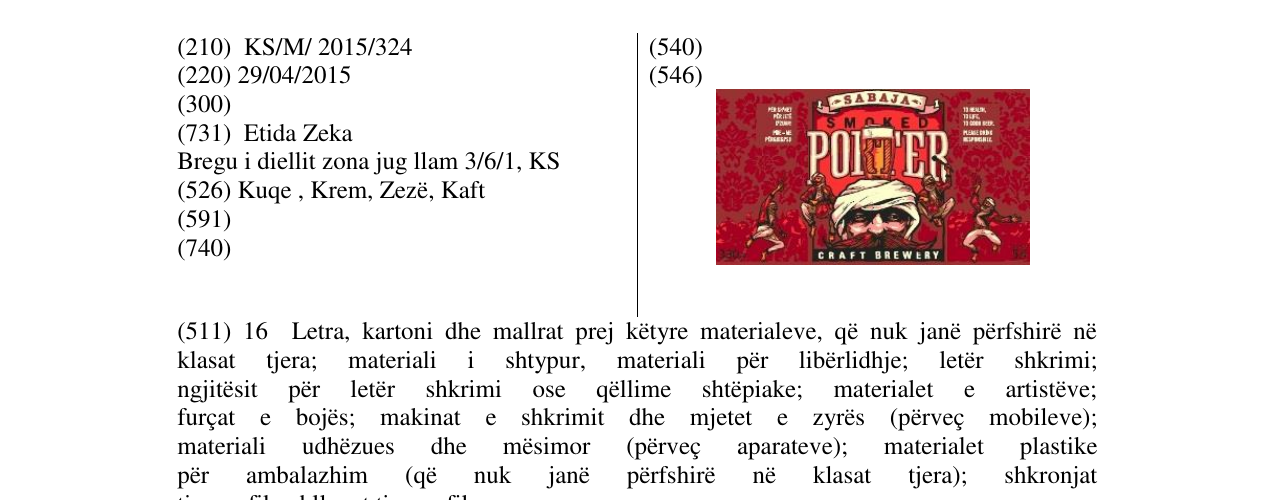 Zëri i markës SABAJA PORTER në buletin
