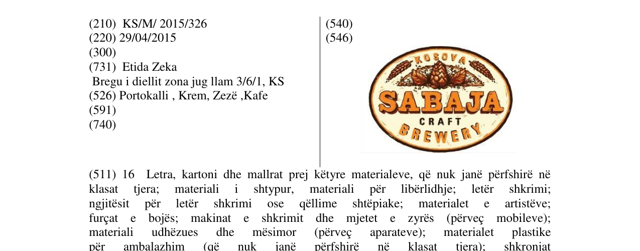 Zëri i markës SABAJA CRAFT BREWERY në buletin