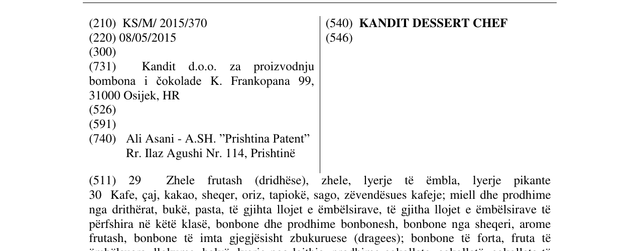 Zëri i markës KANDIT DESSERT CHEF në buletin