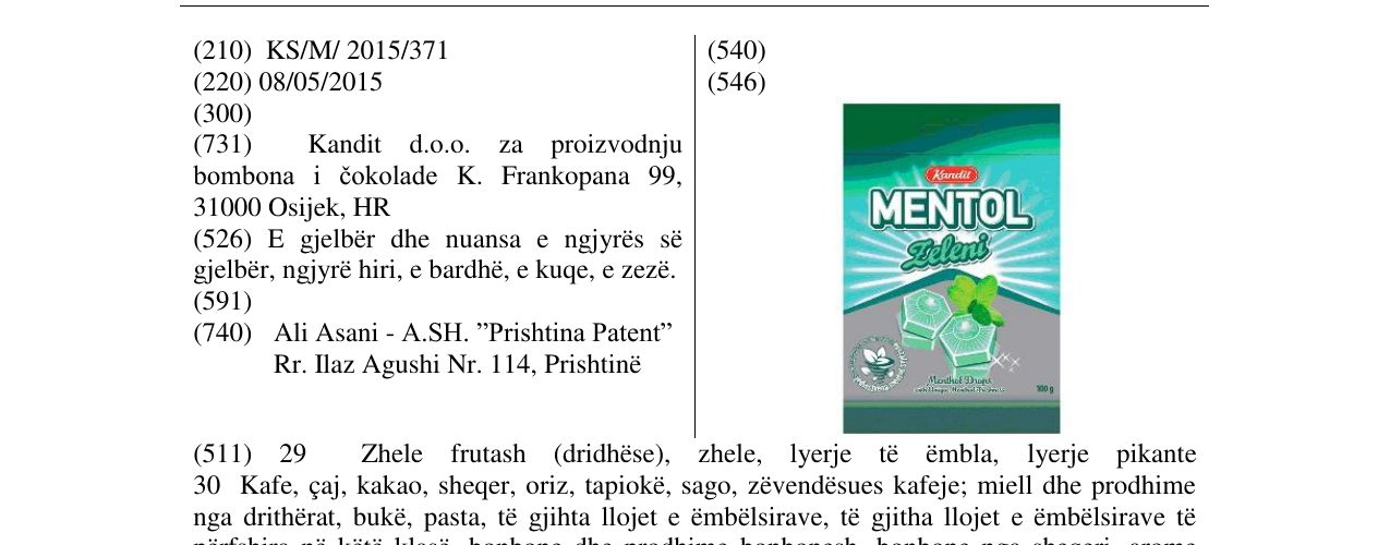 Zëri i markës Kandit MENTOL Zeleni në buletin