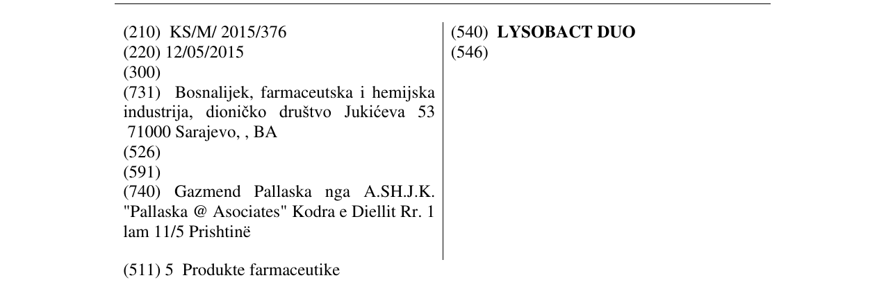 Zëri i markës LYSOBACT DUO në buletin