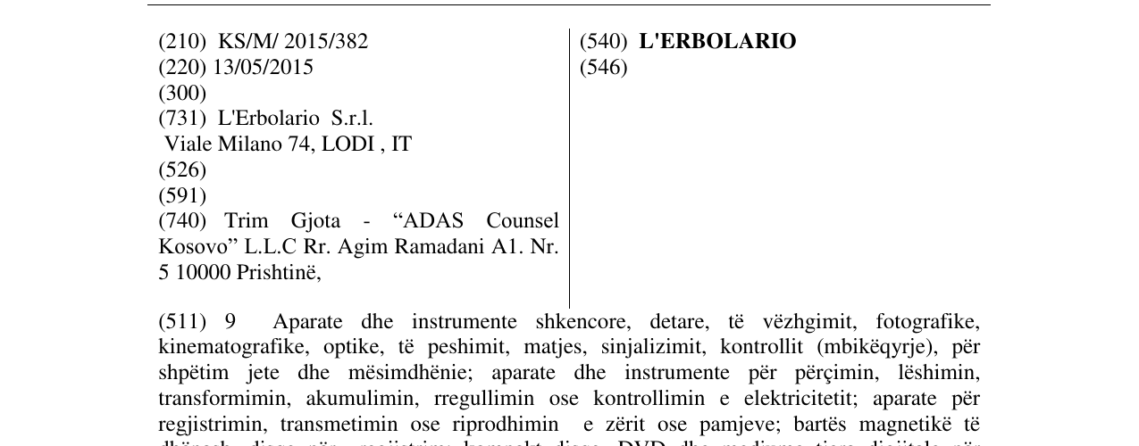 Zëri i markës L'ERBOLARIO në buletin