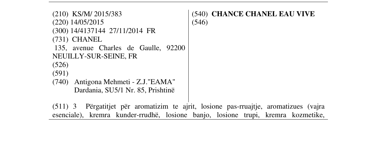 Zëri i markës CHANCE CHANEL EAU VIVE në buletin