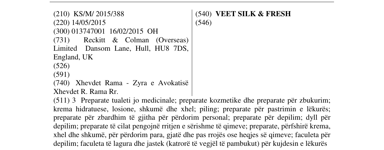 Zëri i markës VEET SILK & FRESH në buletin