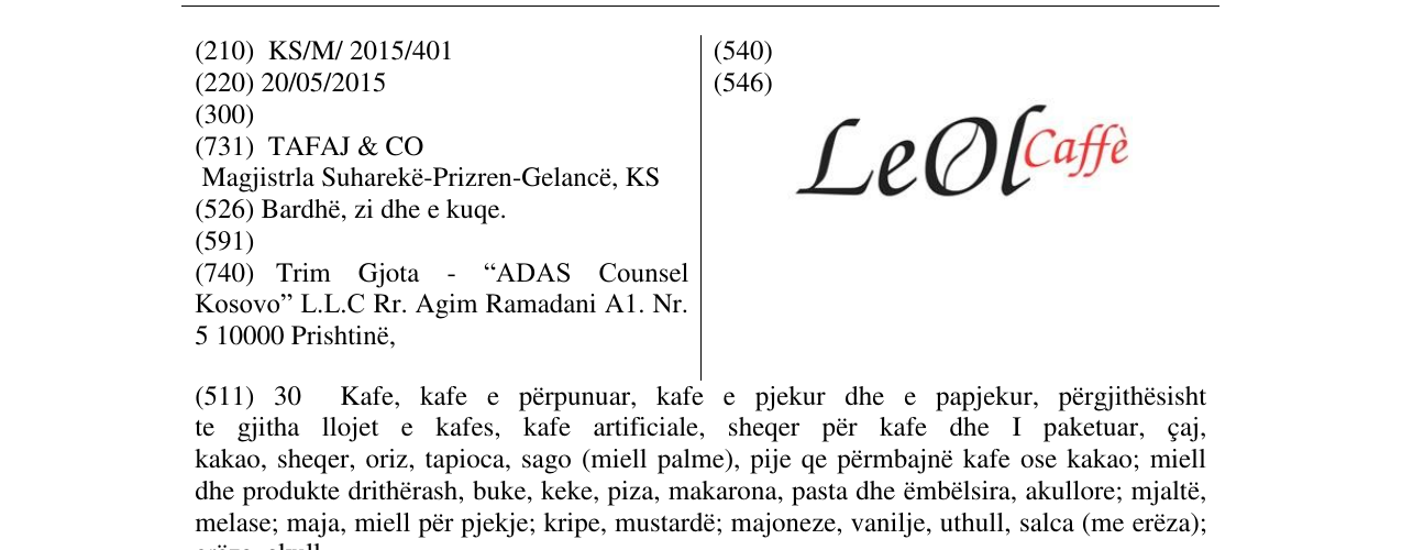 Zëri i markës LeOl caffe në buletin