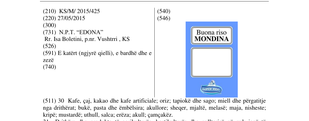 Zëri i markës Buona riso MONDINA në buletin