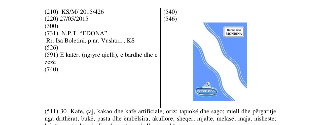 Zëri i markës Buona riso MONDINA në buletin