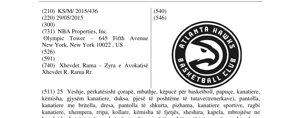 Zëri i markës ATLANTA HAWKS BASKETBALL CLUB në buletin