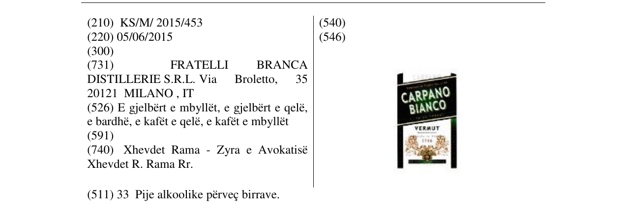 Zëri i markës CARPANO BIANCO në buletin