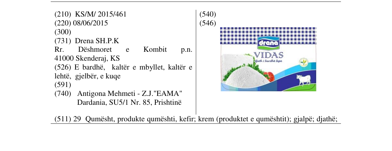 Zëri i markës drena VIDAS djth I bardh lope në buletin