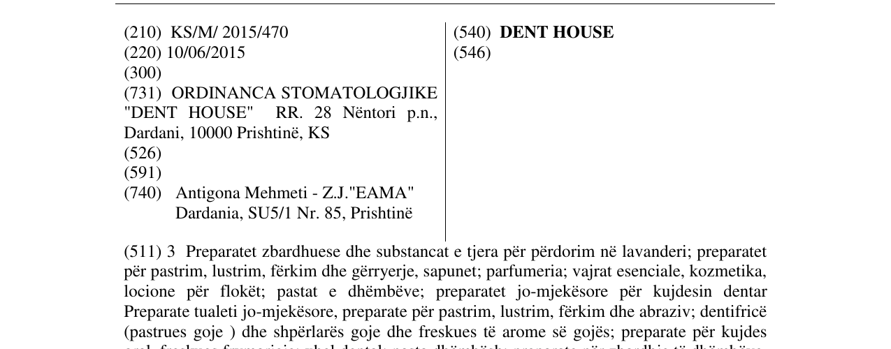 Zëri i markës DENT HOUSE në buletin