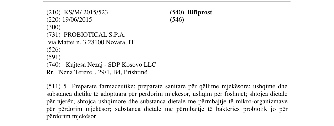Zëri i markës Bifiprost në buletin