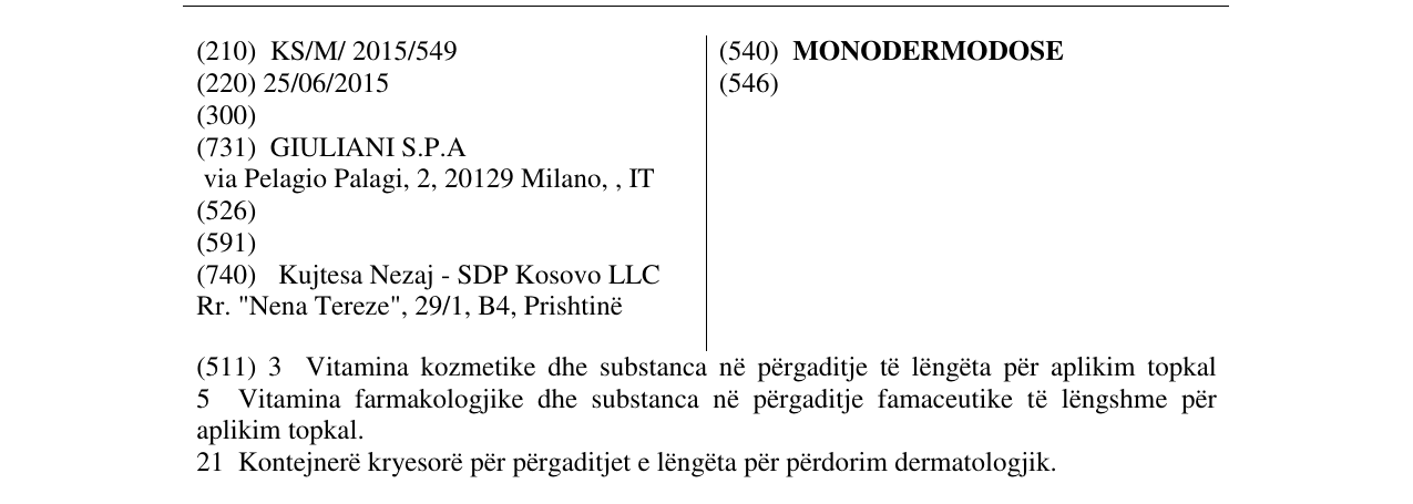 Zëri i markës MONODERMODOSE në buletin
