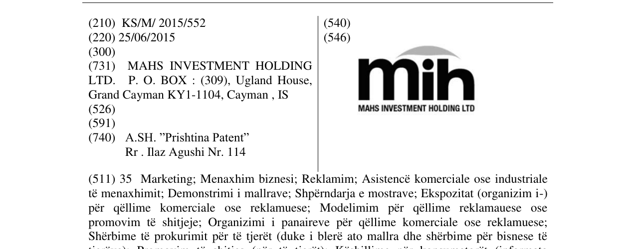 Zëri i markës mih MAHS INVESTMENT HOLDING LTD në buletin