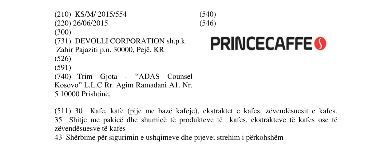 Zëri i markës PRINCECAFFE në buletin