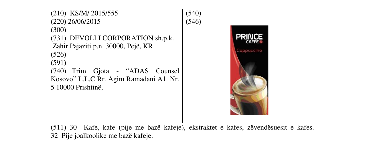 Zëri i markës PRINCE CAFFE në buletin