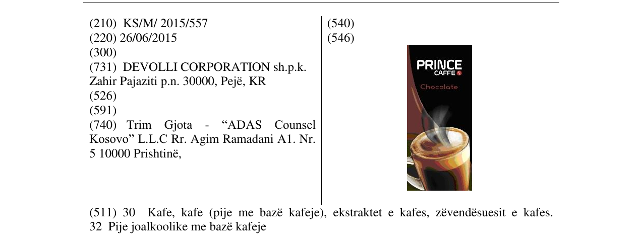 Zëri i markës PRINCE CAFFE Chocolate në buletin
