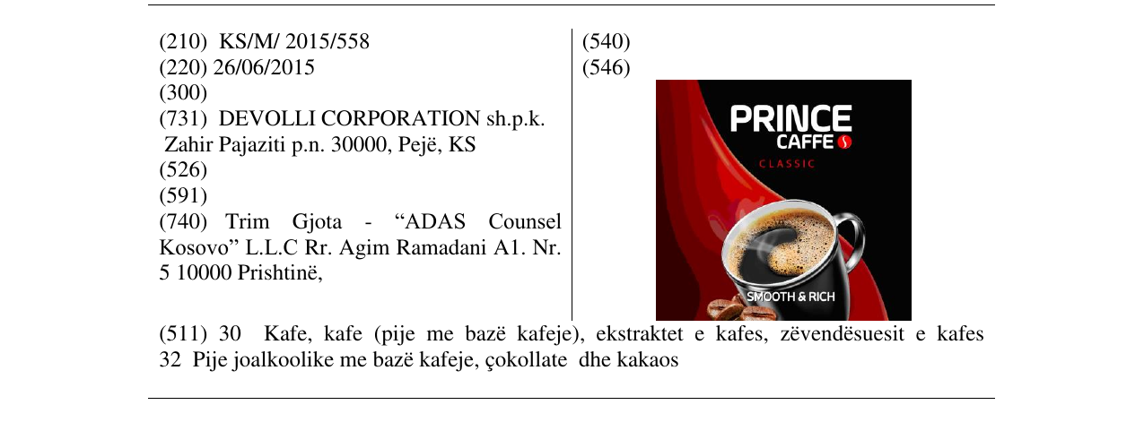 Zëri i markës PRINCE CAFFE classice në buletin